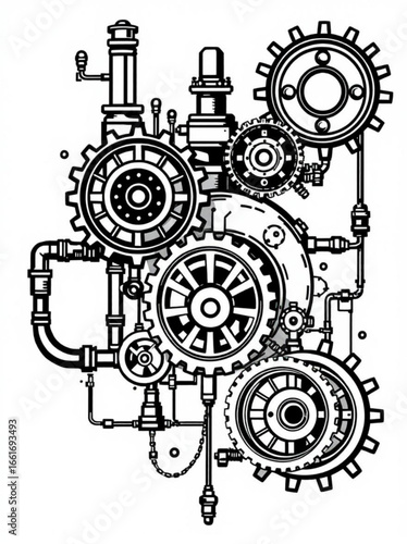 Minimilist detailed steampunk machine illustration with intricate gears and piping in black and white lines vector