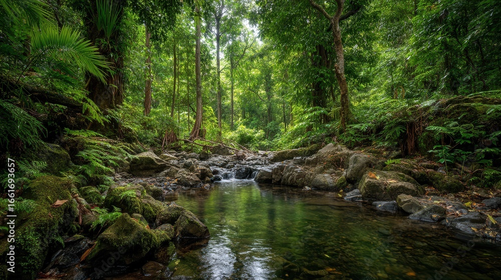 Obraz premium Lush green tropical jungle forest with a clear flowing stream. Mossy rocks and vibrant plants line the peaceful water, showing a serene natural environment.