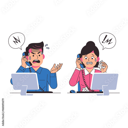 Frustrated Phone Calls: A male and female engage in separate phone conversations while visibly frustrated at their respective workstations. An illustration of everyday stress.