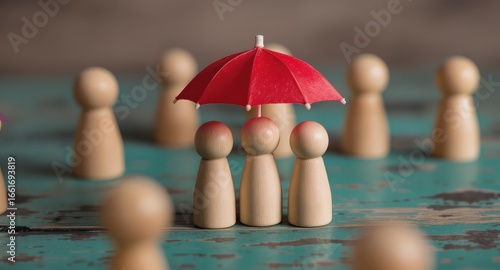 Wooden figures under a red umbrella symbolizing protection and security on a textured surface setting scene