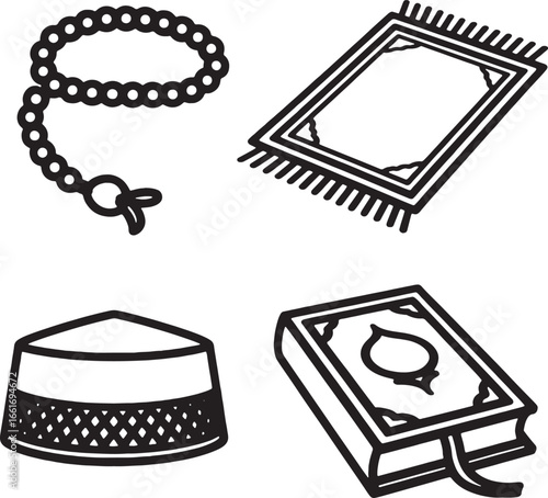 Islamic Religious Items Prayer Beads Prayer Mat Kufi Cap Quran Book Icons religion muslim