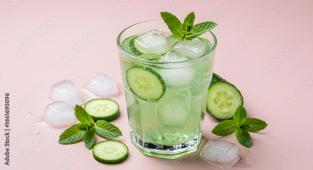 Fototapeta premium A glass of cucumber mint cooler, light green color with cucumber slices and fresh mint garnish. Ice cubes floating inside, placed with cucumber slices and mint leaves scattered around the glass.