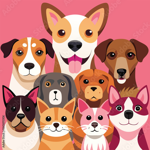 A cheerful, cartoon-style illustration showcases a diverse group of pets, including cats and dogs, all facing forward with friendly expressions.
