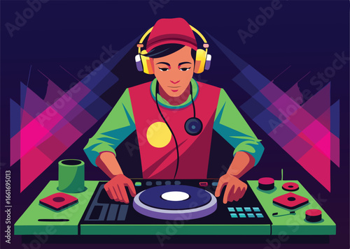 A vibrant illustration of a DJ behind a mixing console, deep in concentration while mixing music.