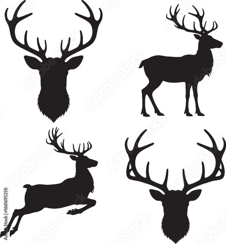 Silhouette Collection Of Deer Heads And Full Body Deer In Various Poses stag animal