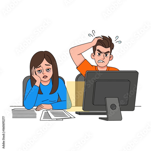 Stressful Workday: A digital illustration depicts the weariness of a long workday as two colleagues, one exhausted and the other frustrated, navigate the challenges of their tasks.