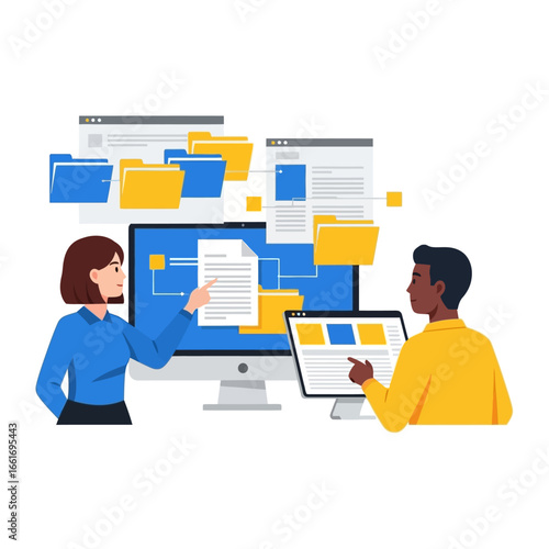 Data Analysis: A vibrant illustration of two individuals collaboratively analyze data across interconnected computer screens, showcasing modern technological efficiency.