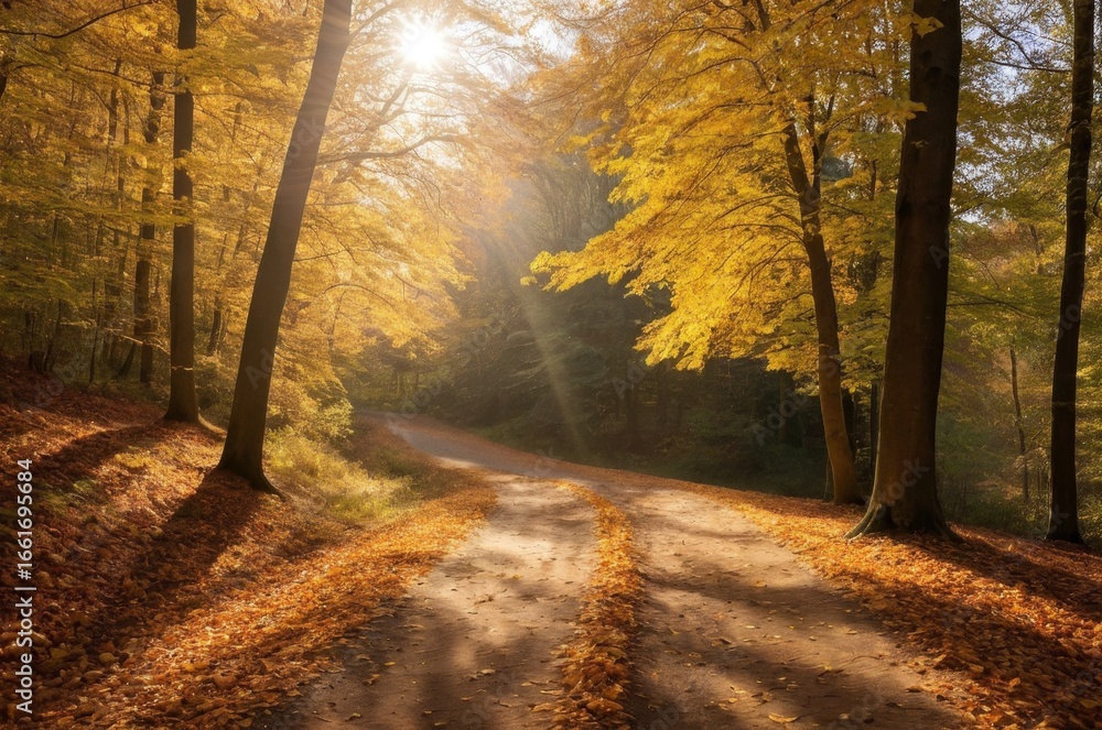 Obraz premium Herbstlicher Waldweg bei Sonnenlicht – malerische Naturaufnahme mit buntem Laub, geschwungenem Pfad und stimmungsvoller Lichtstimmung im Wald
