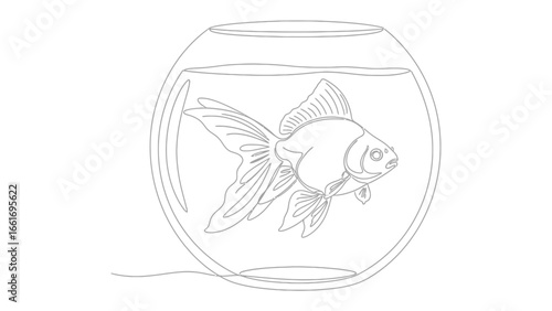 Goldfish in Aquarium Line Art: A delicate line drawing depicts a goldfish gracefully swimming within a glass aquarium, capturing the essence of serenity and aquatic beauty.