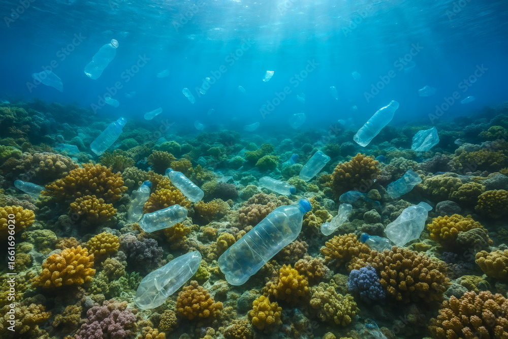 Obraz premium 珊瑚礁の海に沈んだプラスチックゴミ Plastic waste sunk in the ocean with beautiful coral reefs