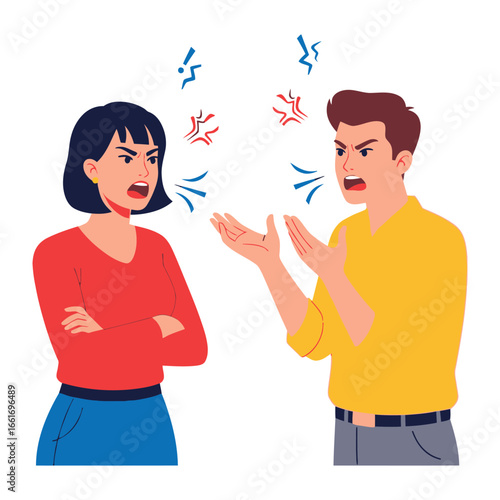 Arguments and conflict: A graphic depicts a heated argument between a woman and a man, embodying the essence of conflict and disagreement. 