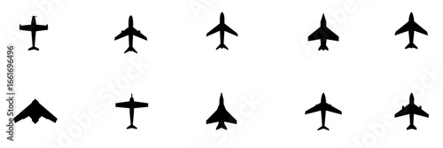 A collection of diverse aircraft concepts represented by minimalist black silhouettes, illustrating various flight vehicle designs for aerospace themes and aviation projects