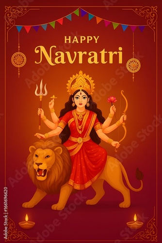 Illustration of goddess durga riding a lion for happy navratri festival