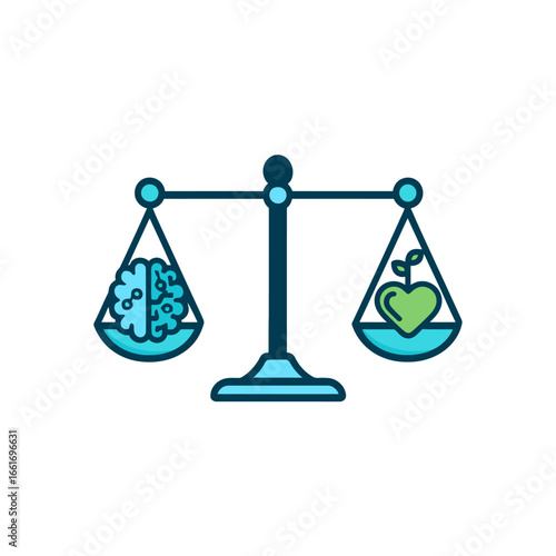 Brain and heart on a balanced scale icon. A concept of emotional versus rational thinking, mental health, and life harmony.
