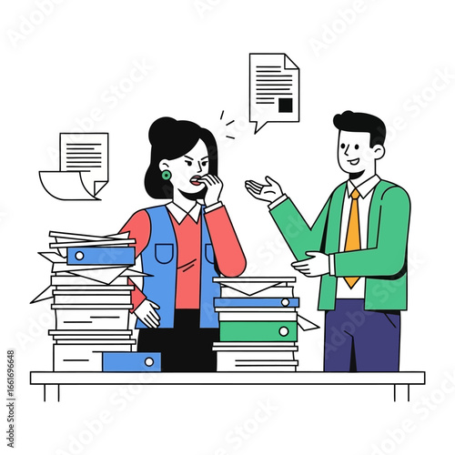 Workplace Disagreement: An illustration depicts a heated exchange between two colleagues amidst a clutter of paperwork, highlighting a communication conflict.