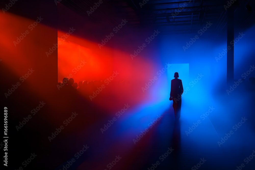 Fototapeta premium AI surreal neon landscape: Lone figure is consumed by surreal space, bathed in dramatic light creating an ethereal and slightly unsettling atmosphere