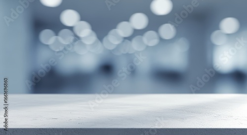 A blurred background with a white surface in the foreground and bokeh lights in the distance