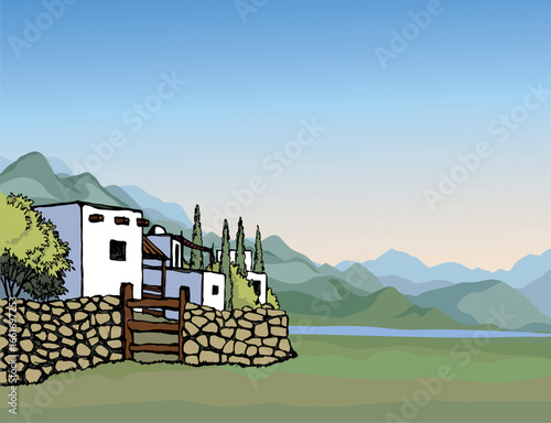 Vector drawing. Old village in the valley