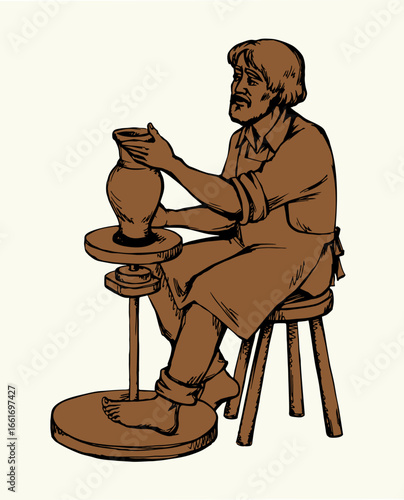 Vector drawing. Potter makes a jug