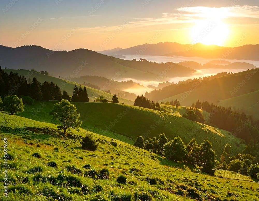 Obraz premium Sunrise over rolling green hills