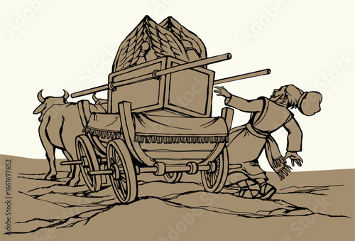 Vector drawing. The ark of the covenant being transported on a wooden cart pulled by two oxens