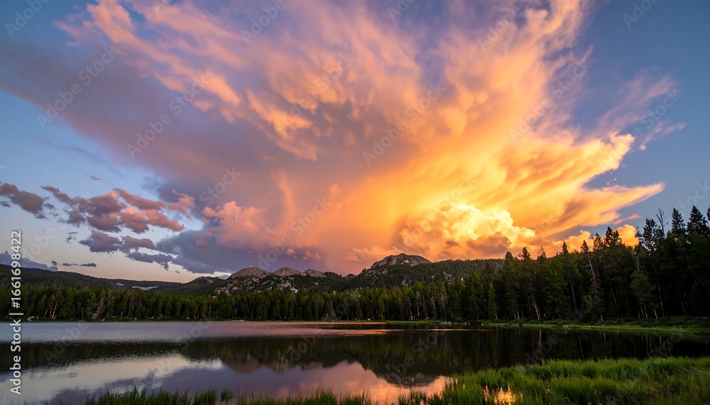 Obraz premium Sunset over a lake with dramatic clouds