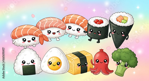 Kawaii sushi and food characters on pastel background