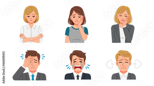 Sadness and Concern: A variety of illustrations featuring individuals conveying different emotions of sadness, despair and concern with each image telling a different story.
