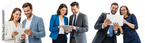 Collection of business people using tablet and working together isolated on white or transparent background