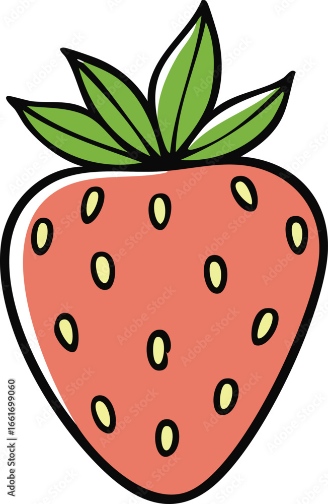 Obraz premium Doodle style illustration of a strawberry fruit with playful sketch lines, red body, yellow seeds, and green leaves, perfect for fun, casual, and creative design projects.