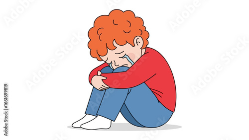 Sad Boy: A heartfelt illustration depicts a young boy, curled up in a vulnerable pose, shedding tears of sadness. This drawing captures raw emotion, perfect for conveying vulnerability and hardship.