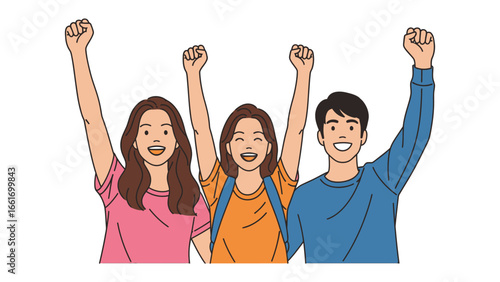 Joyful Trio: A vibrant illustration showcasing three individuals, each embodying pure joy and raising their fists in a gesture of triumph and unity.