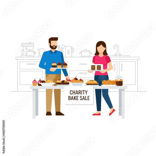 Bake Sale for Charity: A couple passionately organizes a bake sale to raise funds for a charitable cause, setting up a table overflowing with delightful baked goods, sweets, desserts. 