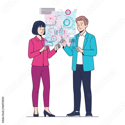 Digital Collaboration: Two professionals examine digital interfaces, signifying progress in technology, with futuristic displays in a clean, sharp illustration.