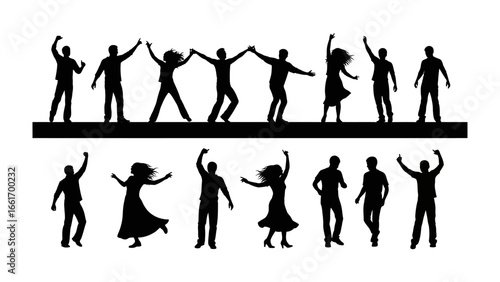 Dancing Silhouette Figures: A dynamic array of dancing silhouettes moves across a clean background, suggesting celebration, connection, and the joy of togetherness. Perfect for conveying movement.