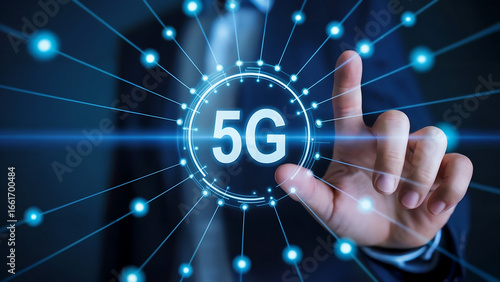 Close up of a hand touching a 5g icon, representing the fifth generation of wireless technology network