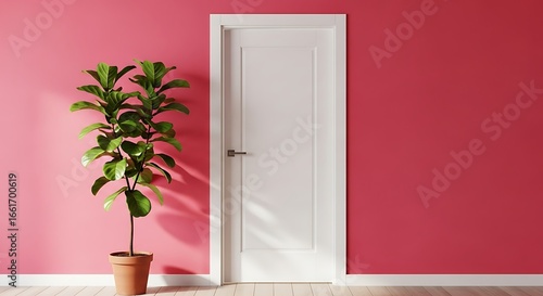 International coffee day a tall green fiddle leaf fig plant in a terracotta pot placed next to a white door against a vibrant pink wall, creating a modern interior design