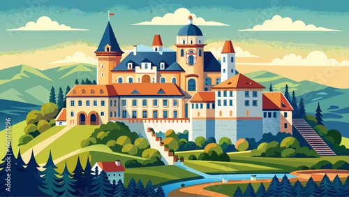 The castle’s intricate design reflects opulent artistry, surrounded by lush greenery, graceful pathways, serene gardens, radiant courtyards, panoramic vistas, regal presence, enchanting skyline, pictu