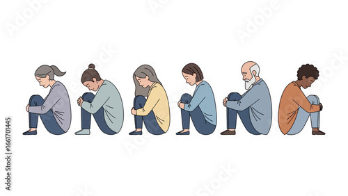 Isolation and Grief: Depicting a collection of individuals, representing different life stages, united in a posture of introspection.