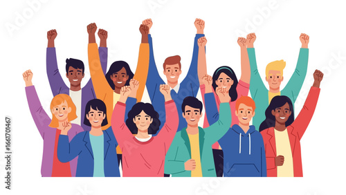 Unity in Expression: An illustration showcasing a united group of individuals, their arms raised in a symbol of solidarity and communal spirit.
