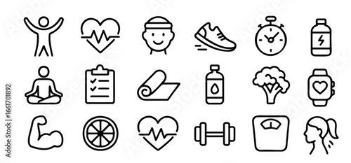 A complete collection of 18 physical wellness icons in clean outline style. Includes symbols of fitness, exercise, healthy food, meditation, hydration, smartwatch, and wellness lifestyle.