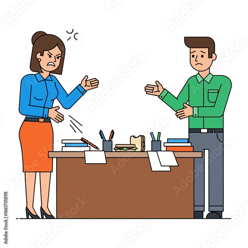 Workplace Conflict: Illustration depicting a tense moment in the workplace, with two individuals in the midst of an argument, surrounded by a chaotic desk.