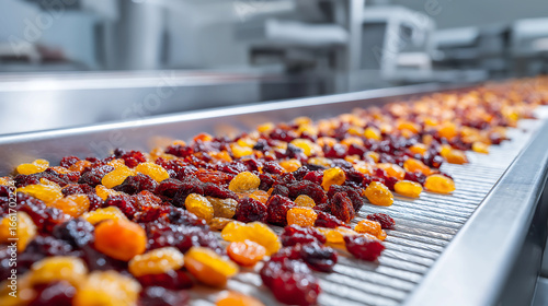 Automated dried fruit packaging line, Dried fruit on a conveyor belt, in a factory production line setting, ready for distribution, packaging