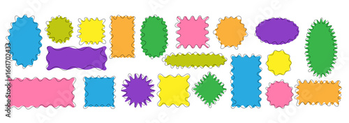 Colorful squiggly edge frames – abstract vector tags, labels, coupons, and stamps in round and rectangular shapes. Vibrant flat design isolated on white