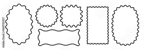 Wavy rectangular frames in black and white. Curved edges of tags, labels, stamps, and coupons with wavy edges. Isolated vector set on a white background. Minimalist flat design