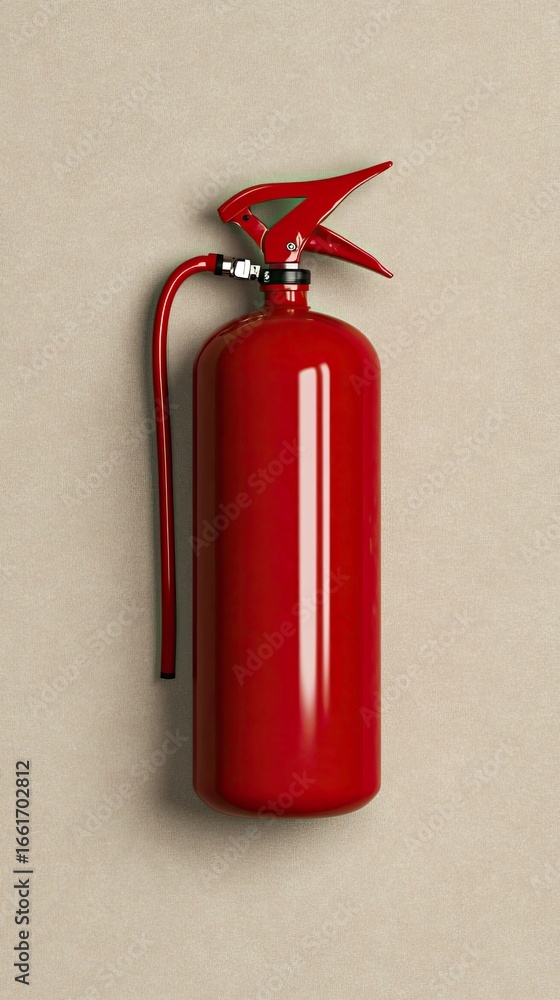 Obraz premium A detailed view of a red fire extinguisher mounted on a kitchen wall, emphasizing safety in a contemporary home environment