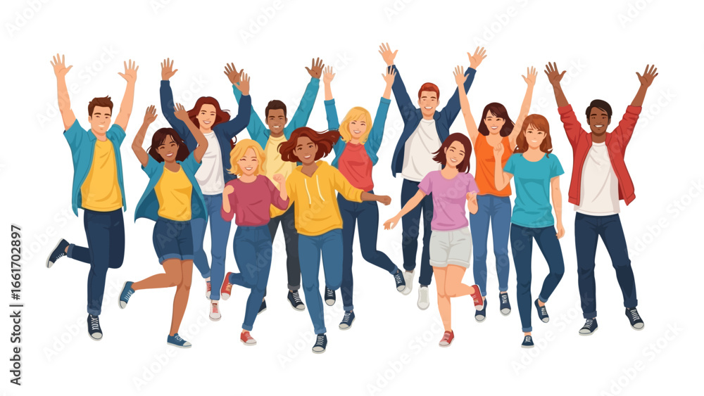 Fototapeta premium Joyful Cohort in Celebration: A vibrant and diverse ensemble of individuals joyfully leaps and celebrates, exuding happiness and unity with arms raised in a moment of pure exhilaration.