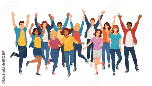 Joyful Cohort in Celebration: A vibrant and diverse ensemble of individuals joyfully leaps and celebrates, exuding happiness and unity with arms raised in a moment of pure exhilaration.