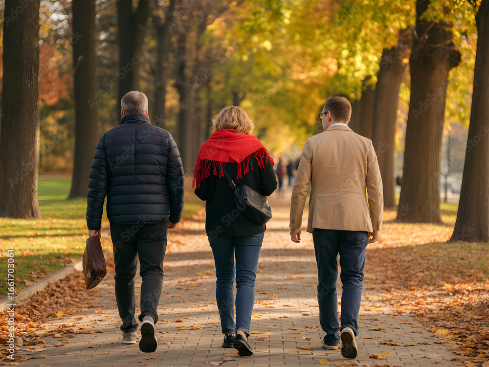 Fototapeta premium Autumn Stroll: Three individuals stroll along a path bordered by trees with turning autumn foliage, the scene bathed in the soft light of a fall day. Capturing the beauty and serenity of the season.