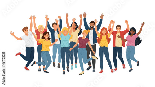 Joyful Community United: An artistic representation capturing a diverse group of individuals celebrating unity, happiness, and a sense of shared elation. With open arms and bright smiles.